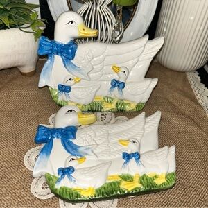 Vtg set Ceramic Goose Wall Plaques 1980s Blue Ribbon Mother & Goslings Country
